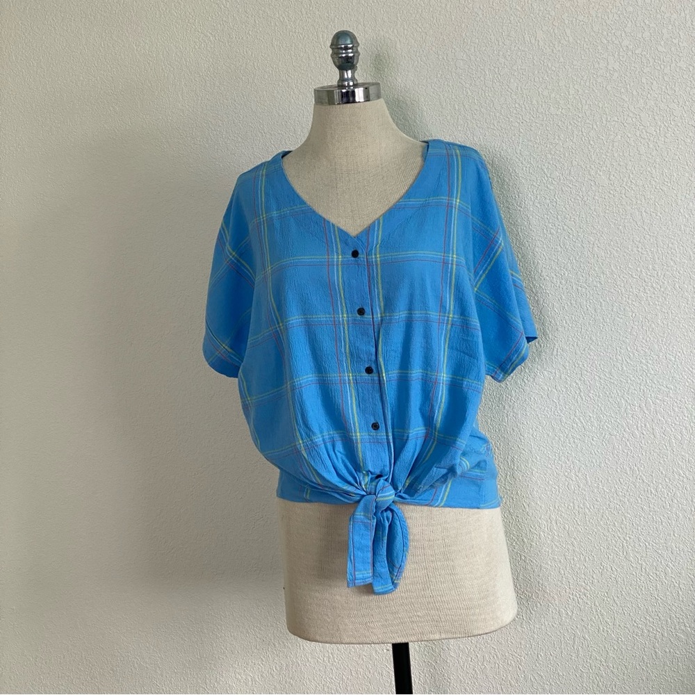 Style & Co. Blue‎ plaid Front Tie Cotton/Rayon Short sleeve Blouse size Large